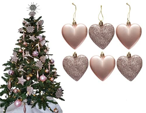 Image of 6pc Large Glitter & Matte Heart Baubles - Great Christmas Tree Decorations, Heart Baubles (Rose Gold)