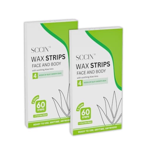Image of 2x SCCIN Aloe Vera Ready to Use Wax Strips Hair Removal Kit: 60 Pieces (40 Body + 20 Facial Waxing strips), 4 Calming Wipes, for Face, Eyebrows, Arms, Legs, Umderarm & Bikini (2 Packs)