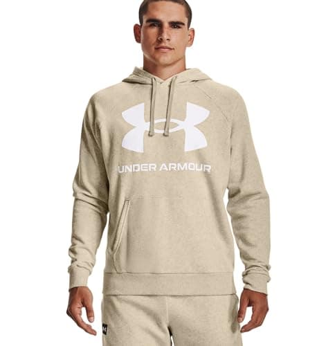 Image of Under Armour Men's Rival Fleece Big Logo Hoodie Hooded Sweatshirt, Khaki Base Light Heather (289)/Onyx White, XL