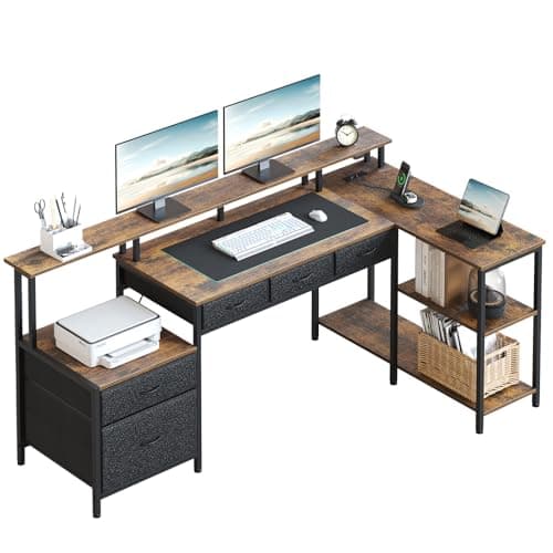Image of Seventable L Shaped Computer Desk with USB Ports, Power Outlets, LED Strip, Drawers & File Cabinet, Reversible Corner Gaming Desk with Monitor Shelf & Storage for Home Office, Rustic Brown