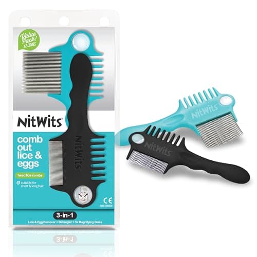 Image of NitWits Head Lice & Egg Comb 2 Pack, 3-in-1 Lice Comb, Detangles, Removes Lice & Eggs and Includes 5x Magnifying Glass