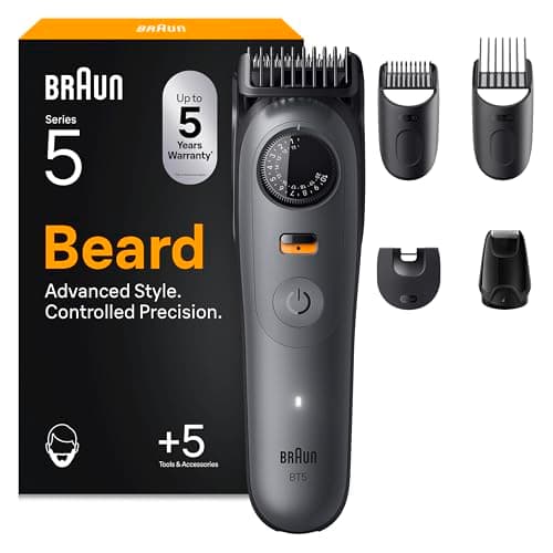 Image of Braun Series 5 Beard Trimmer, BT5525, Grey - 5 Styling Tools, Mens Beard Trimmer with Ultra Sharp Blade, Waterproof, 40 Lengths & 120 min Cordless Use