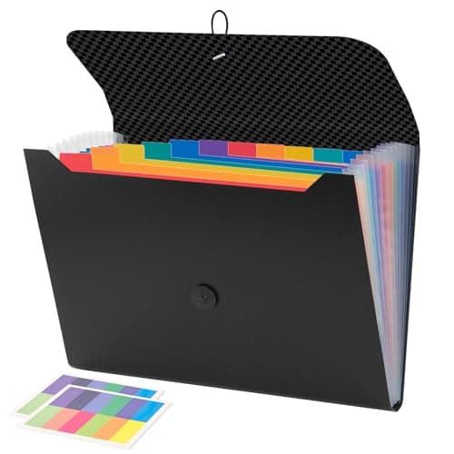Image of JEFURE Expanding File Folder, 13 Pockets Document Organiser, A4 Accordion File Organiser with Colored Inner Pages, Portable Document Folder for Home, Office and School Use (Black)