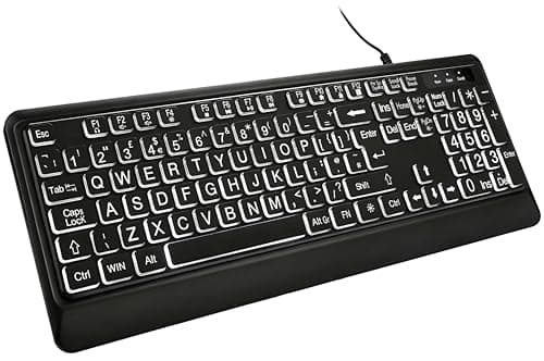 Image of DHKBL Large Print Backlit Computer Keyboard - White Illuminated LED Backlight, USB Wired UK Full Size Keyboard with Num Pad, £ Key & Adjustable Feet for Business, Office, Home & Windows PC (QWERTY)