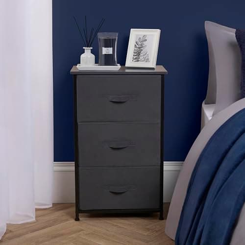 Image of OHS Brooklyn 3 Chest of Drawers Fabric Cabinet Space-Saving Storage Organizer Stylish Sturdy Frame with 3 Canvas Drawers For Bedroom Livingroom or Office, Grey