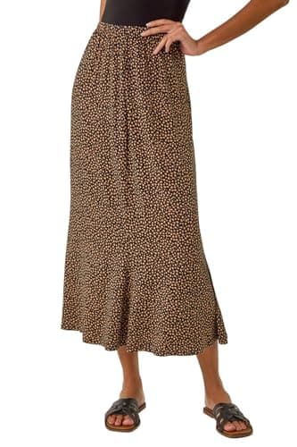 Image of Roman Jersey Skirt for Women UK - Ladies Midi Maxi Floral Animal Print Autumn Winter Swing Smart Casual Office Cocktail Party Going Out Evening Holiday Cruise - Noir Bronze - Size 20