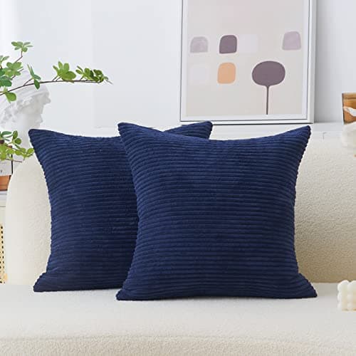 Image of Home Brilliant Navy Cushion Covers 45 x 45 Throw Pillow Cover Bed Soft Striped Corduroy Cushion Cover for Sofa Couch, Navy Blue, Set of 2, 45x45 cm, 18x18 inch