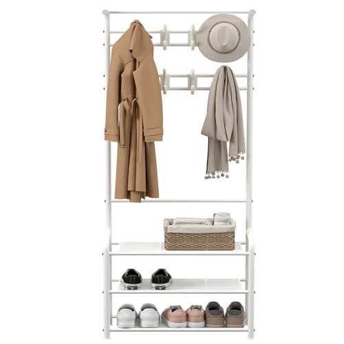 Image of Innotic Coat Rack Stand with Shoe Rack, 182cm Removable 16 Hooks Free Standing for Hallway Entryway Narrow Small Space Storage, Matte Steel Frame Hat Bag Stand, White