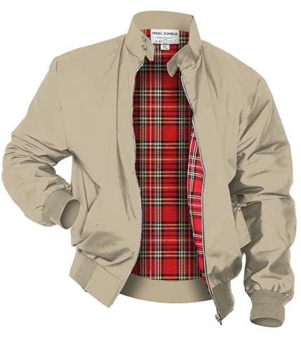 Image of Mega_Jumble Mens Vintage Harrington Jacket Classic Retro Mod Skin Scooter 1970's Bomber Tartan Check Lining Retro Style Coat (UK, Alpha, L, Regular, Regular, Beige)