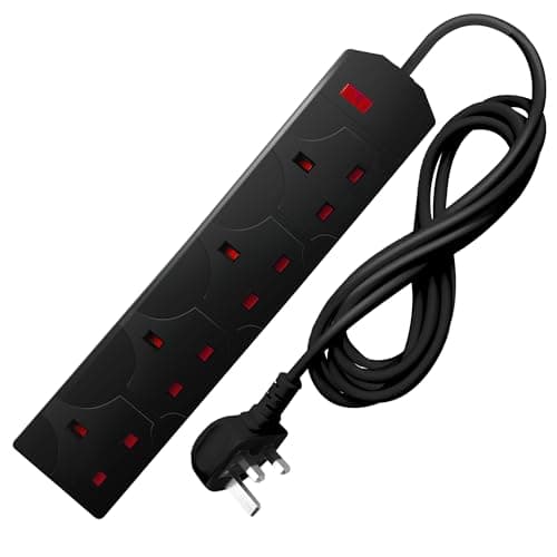 Image of DESIRETECH Black Electric Extension Lead - 4 Gang, 2 Metre Cable with UK Plug & 3 Pin Socket - Wall Mountable & Multi Socket Mains Strip for Home, Bedroom, Kitchen, & Office (1 Pack)