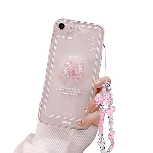 Image of Ownest Compatible with iPhone 7/8 iPhone SE Case, Cute 3D Pink Bowknot Slim Clear Aesthetic Design Women Girls Glitter Sparkly Protective Phone Cases for iPhone 7/8/SE + Crystal Chain