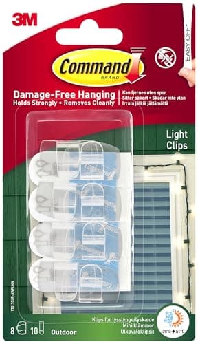 Image of Command Clear Outdoor Light Clips with Adhesive Strips - 8 Mini Hooks and 10 Small Adhesive Strips - Decoration Clips for Hanging Lights Outdoors - Damage Free Hanging