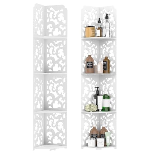 Image of 4 Tier Hollow Curved Corner Shelf, Freestanding Tall Corner Shelves Unit, PVC Corner Rack Bookshelf Plant Standing Rack Display Open Storage Unit for Living Room Home Office Bathroom Kitchen, White