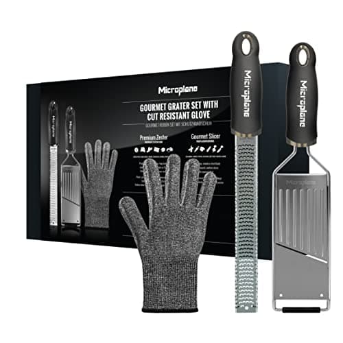 Image of Microplane Kitchen Grater Set (Zester, Slicer & Glove) for Hard Cheese, Cucumber, Potatoes, Zucchini, Citrus Fruits with Stainless Steel Blades