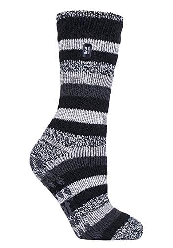 Image of HEAT HOLDERS - Ladies ABS Non Skid Thermal Slipper Socks with Grips for Indoor Winter Comfort (4-8 UK, Black Stripe)