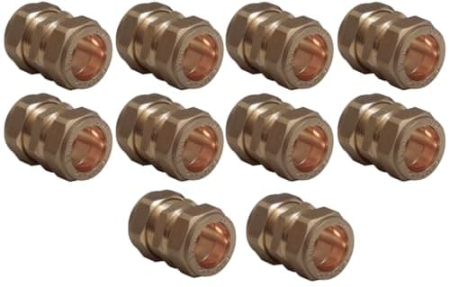 Image of Pack of 10, 22mm Brass Compression Straight Couplers, WRAS Approved Couplings