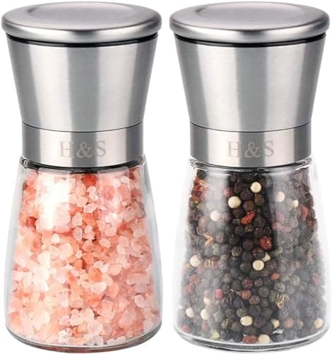Image of H&S Salt and Pepper Grinder Set - Manual Mill Grinders for Kitchen - Glass and Stainless Steel Spice Mills with Adjustable Coarseness - Easy to Use and Fill - Large Capacity