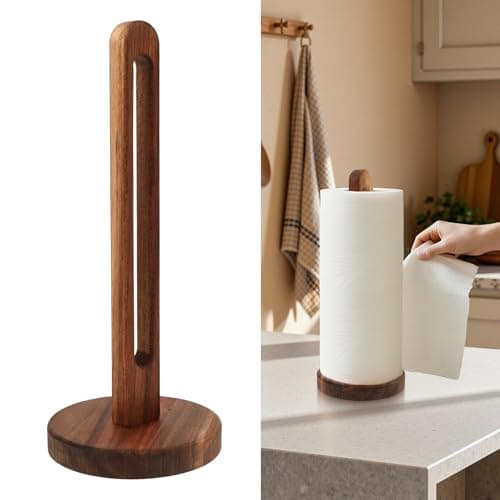 Image of Wood Kitchen Roll Holder Free Standing – Acacia Wooden Paper Towel Holder Countertop with Non-Slip Base, 29cm Tall Farmhouse Organiser for Standard & Jumbo Rolls, Easy Assembly