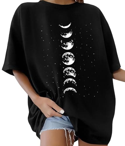 Image of Lonya Women's T-Shirts Oversized Tops for Women Y2k Sun and Moon Graphic Tee Round Neck Bohemia Vintage Ladies Short Sleeve Retro Summer Casual Baggy Cotton Tee Tops, J-Black, M
