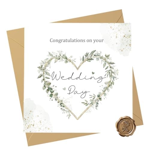 Image of Tayenura Wedding Card for Bride and Groom with Watercolour Greenery Heart Design, Stylish Set with Kraft Envelope and Embossed Seal Sticker, Thoughtful Wedding Gift for the New Mr and Mrs
