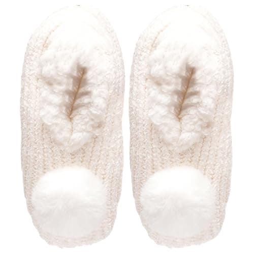 Image of A2Z Ladies Socks Knitted Chenille Slipper Socks Sherpa Lining Pom Pom - Cream S/M