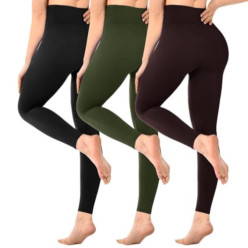 Image of SINOPHANT Pack of 3 Women's High Waist Opaque Black Leggings for Gym Yoga Sports, Black/Army Green/Brown, L-XL