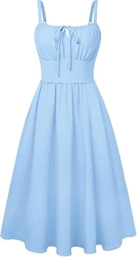 Image of Belle Poque Summer Dresses for Women UK Square Neck Spaghetti Strap A-Line Midi Sundress Casual Holiday Beach Dress Light Blue 2XL