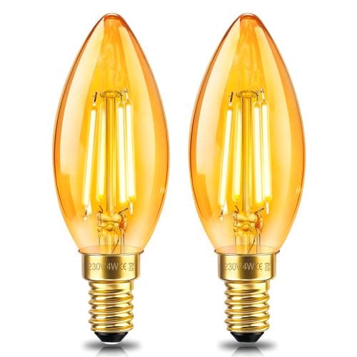 Image of 2 Pack E14 LED Vintage Candle Light Bulb, 4W LED Filament Equivalent 40W, Retro Amber Glass 2200K Warm White, 400LM, Non-dimmable, C35 Candle, E14 Small Edison Screw Bulb for Chandeliers, Wall Lamp