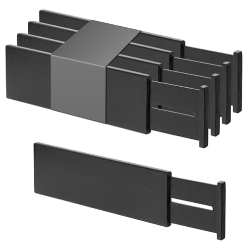 Image of Utoplike 4 Pcs Bamboo Raised Drawer Divider, Adjustable Clothes Drawer Organiser, Large Wooden Spring Loaded Inserts, for Utensils, Cosmetics in Kitchen, Bathroom and Bedroom Drawers, Black