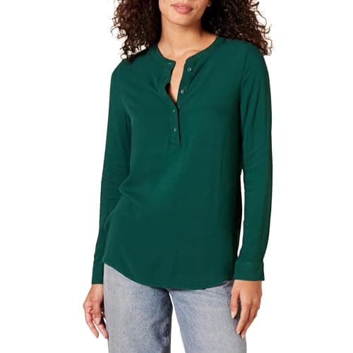 Image of Amazon Essentials Women's Long-Sleeve Woven Blouse, Dark Green, M