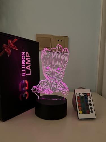 Image of CAMBOS Anime Groot Baby 3D Lamp, LED Illusion Night Light 16 Color Changing with Remote for Kids,Bedroom Decor Bedside lamp, Figure Groot Table lamp Birthday Christmas Gifts (Black Base 2)