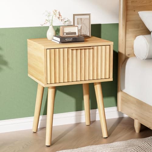 Image of Bonnlo Oak Bedside Table with 1 Drawer, Grille-Style Nightstand Tall Solid Wood Legs Sofa End Table, Modern Bedside Storage Drawers for Bedroom, Living Room, 40 * 30 * 55 cm