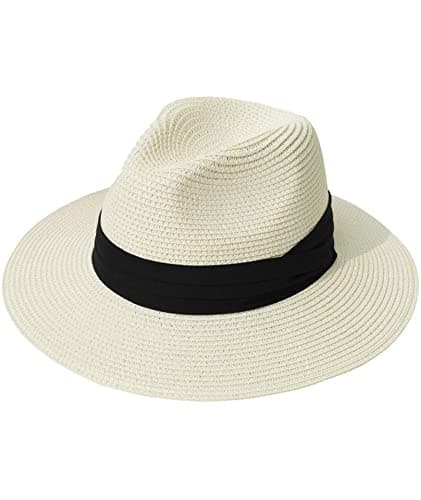 Image of Yutdeng Panama Hat for Women Men Wide Brim Summer Sun Hat Fedora Cap Foldable Straw Hat Fashion Roll Up Beach Hat Adjustable Travel Outdoor Hat Milk White