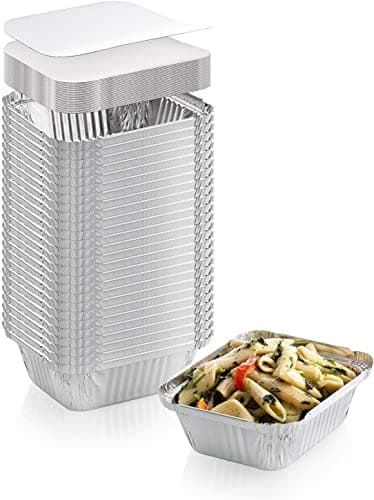 Image of Pack of 50 Aluminium Disposable Foil Food Container with Lids, Reusable Takeaway Containers, Great for Baking Roasting Cooking Food Storage, 14.5 x 12.5 x 4.5cm