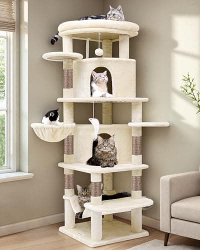 Image of Globlazer Cat Tree Beige Corner for Indoor Cats 167 cm with 2 Caves, Large Cushion Platform, Hammock, Basket, Sisal Scratching Posts, Sturdy Cat Tower for 3-4 Cats Rest Play Scratch (C66, Beige)