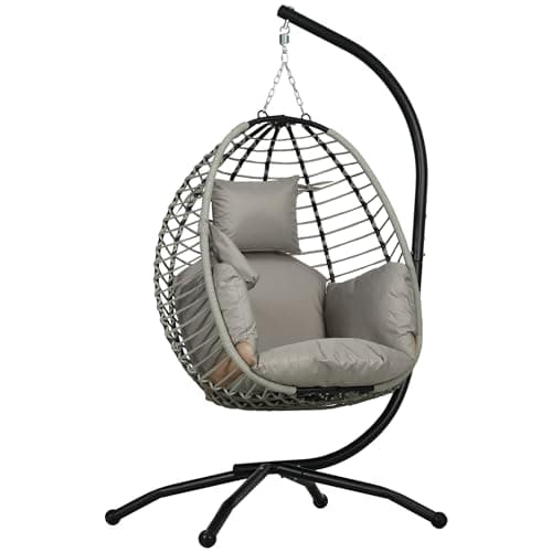 Image of Outsunny Outdoor Swing Chair with Thick Padded Cushion, Patio Hanging Egg Chair with Metal Stand, Foldable Basket, Cup Holder, Rope Structure for Indoor & Outdoor, Grey