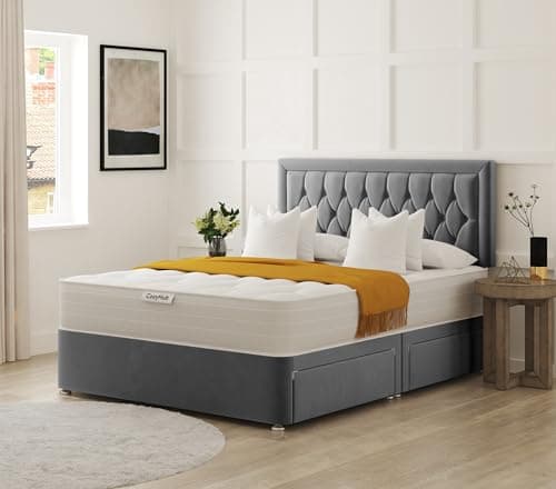 Image of COZY HUB LTD Hilton Florida Divan Bed with 10 Inch Ortho Tufted Mattress & Plush Velvet Headboard – Luxury Divan Set with Drawer Storage Options. (Grey, 4Ft6-2 Drawers)