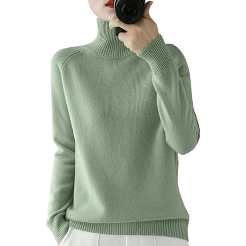 Image of Women's Turtleneck Jumpers Casual Ladies Jumper Sweaters Long Sleeve Pullover Tops Solid Color Knitted Cowl Neck Knitwear,Green,XL