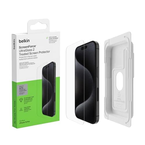 Image of Belkin ScreenForce UltraGlass 2 Treated iPhone 15 Pro Screen Protector, Scratch-Resistant, 9H Hardness Tested Glass with Slim Design, Includes Easy Align Tray for Bubble-Free Application