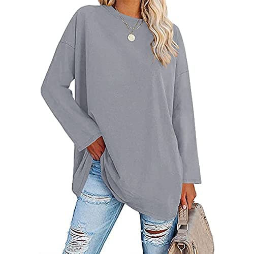 Image of Famulily Women's Long Sleeve T Shirt Ladies Basic Tunic Tops Round Neck Tshirts (L, Grey)