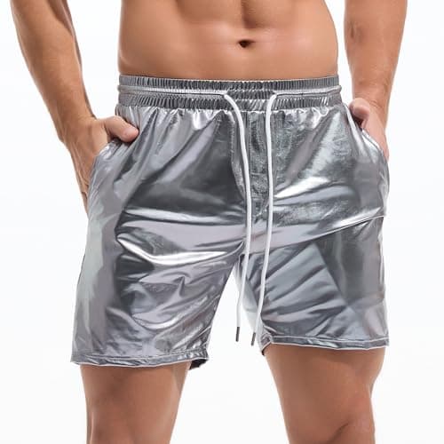 Image of Amy Coulee Mens Metallic Shorts 5 Inch Rave Hot Pants Shiny Sparkly Shorts with Pockets (Gray, L)