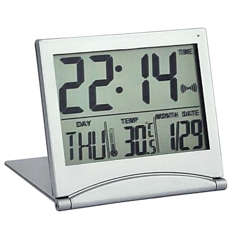 Image of Wimony Digital LCD Travel Alarm Clock - Foldable Compact With Day, Date and Temperature Indication, Desktop Clock, Battery Powered (Silver)
