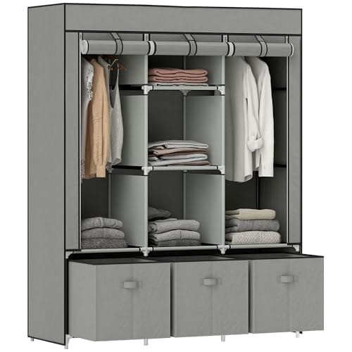 Image of HOMCOM Foldable Fabric Wardrobe for Bedroom, Portable Wardrobe with 5 Shelves, 2 Hanging Rails and 3 Fabric Drawers, Light Grey