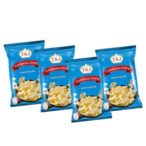 Image of Taj Cassava Chips Traditional Flavour Vegan Gluten Free Crispy Snacks Taste 200g Multiple Packs (Pack of 4, Lightly Salted)