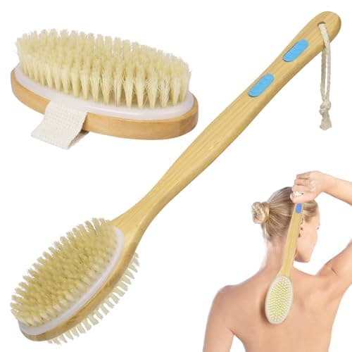 Image of URAQT Brushing Body Brush Set, Natural Bristle Shower Brush et Long Handle Double-sided Brush，Dry Brushing Back Scrubber for Exfoliating, Massage, Improve Blood Circulation Cellulite