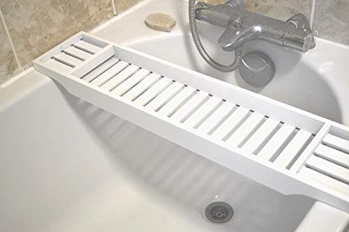 Image of Unibos Bamboo Wood Bath Tub Rack Bathroom Shelf Tidy Tray Storage Caddy Organiser (White)