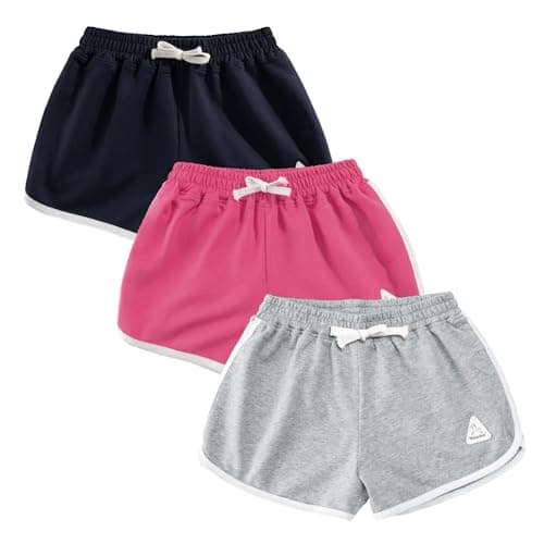 Image of Rolanko Girls Sports Shorts, Cotton Summer Contrast Binding Dolphin Short Pants, Kids Athletic Gym Wear for Running and Dancing, 3 Packs (Grey Rose Navy, Size: 140, 8-9 Years)
