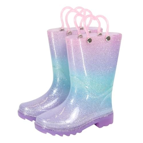 Image of A2Z 4 Kids Girls Glitter Rainbow Gradient Wellington Boots Heart Handle - Wellies 1415 Gradient 12 UK Child