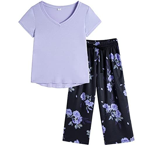 Image of MyFav Womens Floral Print Pjs Casual Pyjamas Set Short Sleeve Sleepwear Soft Loungewear,Purple Floral,M