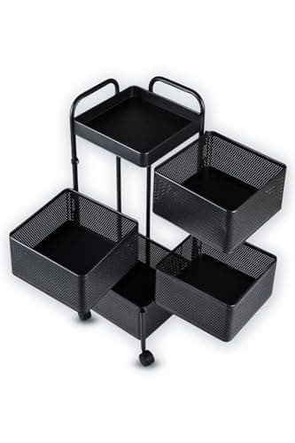 Image of FEFE 4/5 Tier Square Movable And Detachable Metal Rolling Trolley Cart Basket Shelf With Wheels – Kitchen Ideal Storage Rack For Vegetable, Fruit, Pantry, Bathroom – Black (4 - Tier)